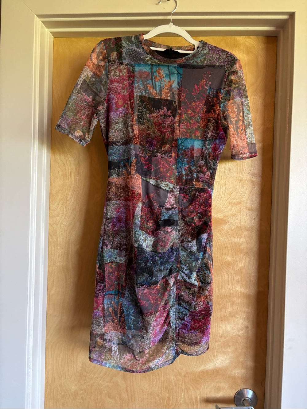 Desigual Ruched Mesh Mini Dress Photo Floral Collage Print Short Sleeve XS